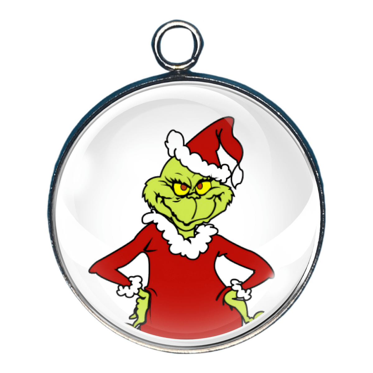 Charm of Grinch in Santa suit grinning with hands on hips