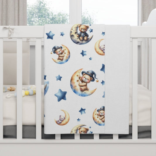 Baby Blanket - Adorable Bears on Crescent Moons with Stars Design