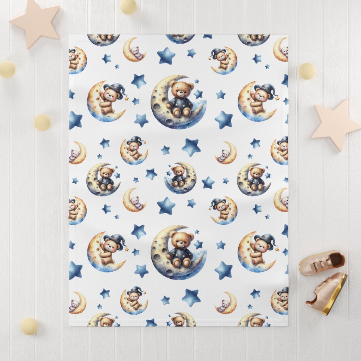 Baby Blanket - Adorable Bears on Crescent Moons with Stars Design