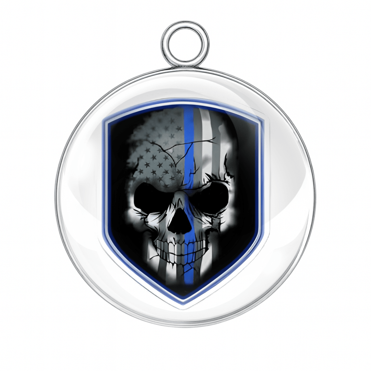 Skull design with blue stripe inside a circular pendant on a white background