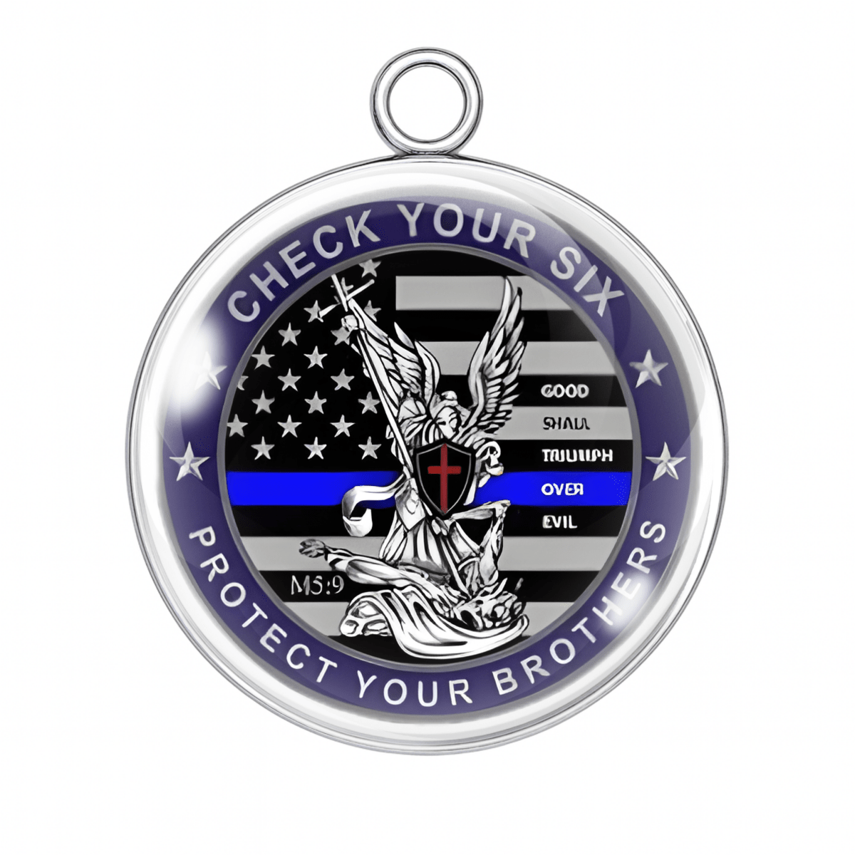 Medal with American flag, angel, and text on a white background
