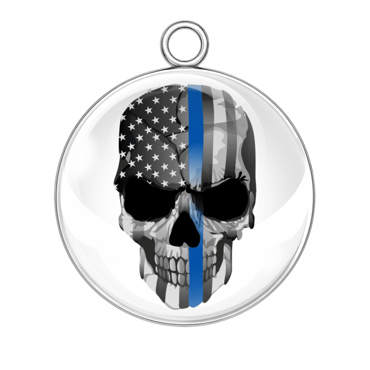 Skull with American flag and thin blue line design in a clear pendant