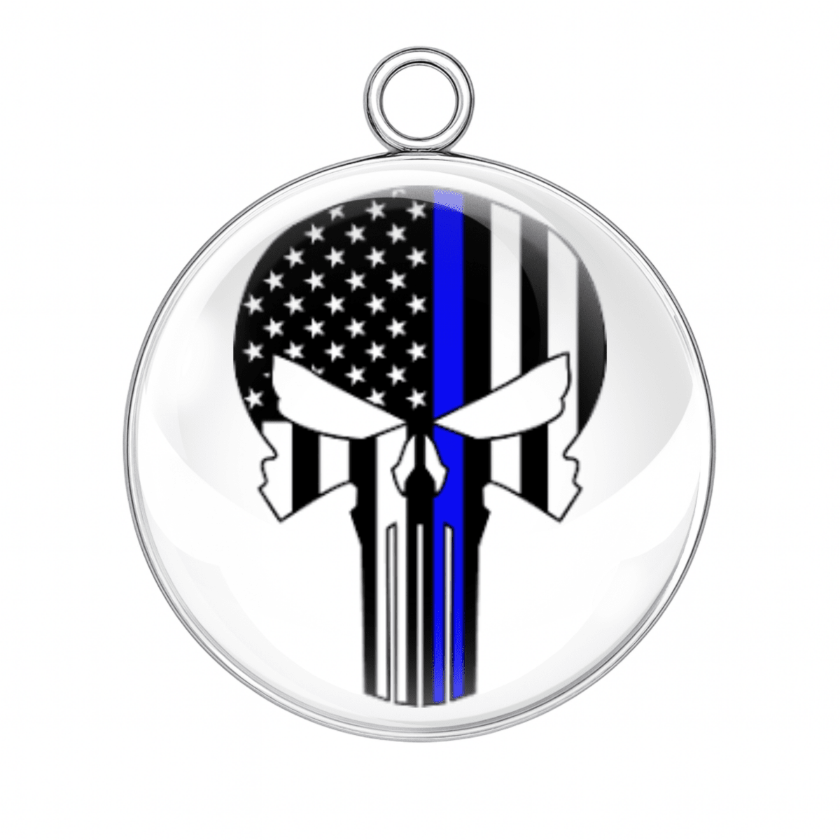 Circular pendant with American flag and skull design on a white background