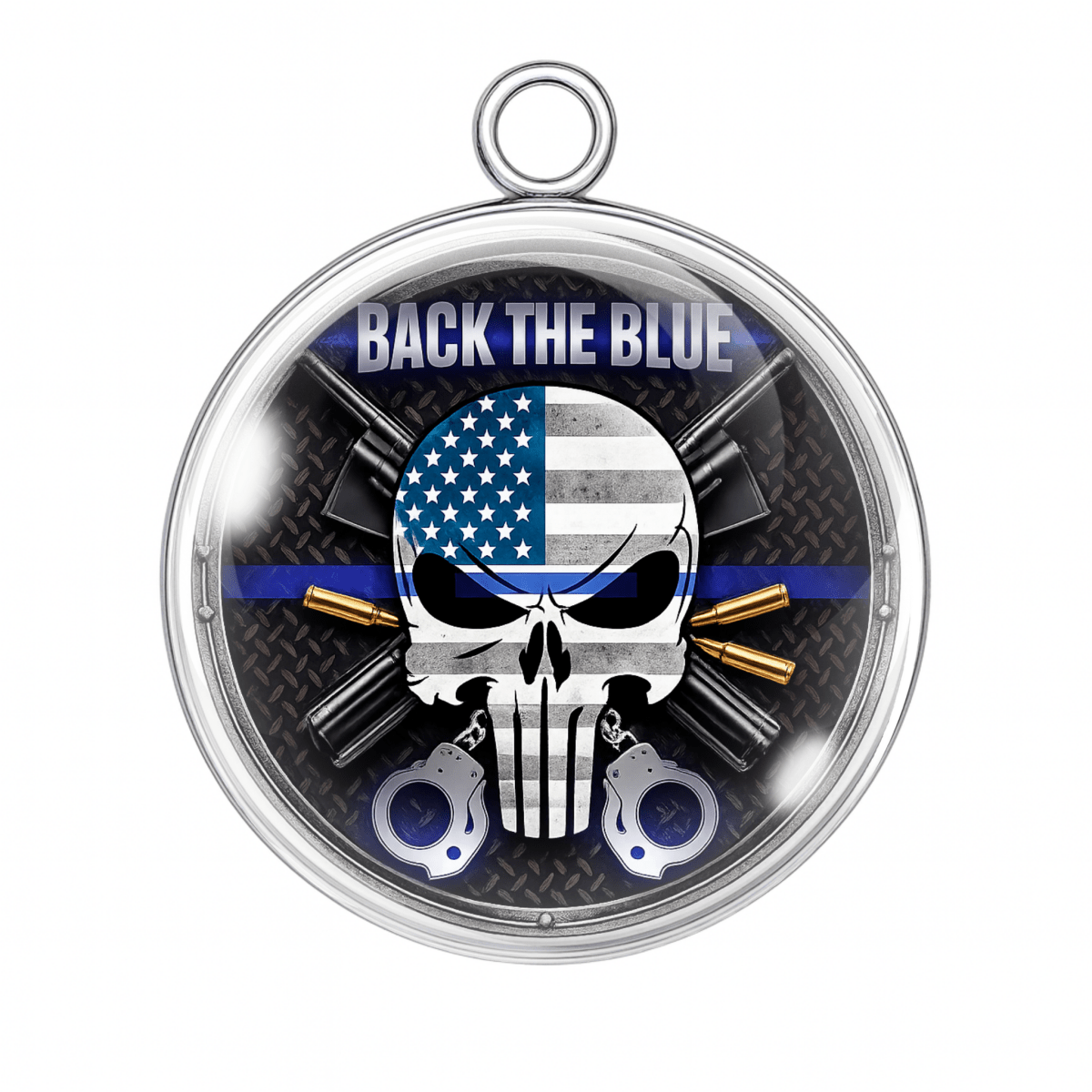 Circular pendant with skull design, American flag, and 'Back the Blue' text on a white background.