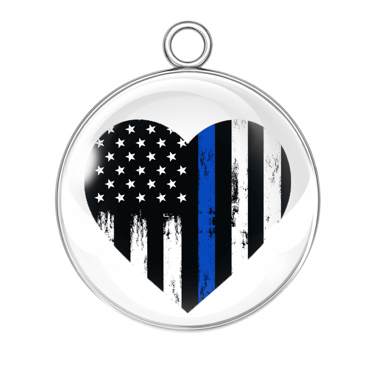 Heart-shaped pendant with American flag design featuring a blue stripe on a white background