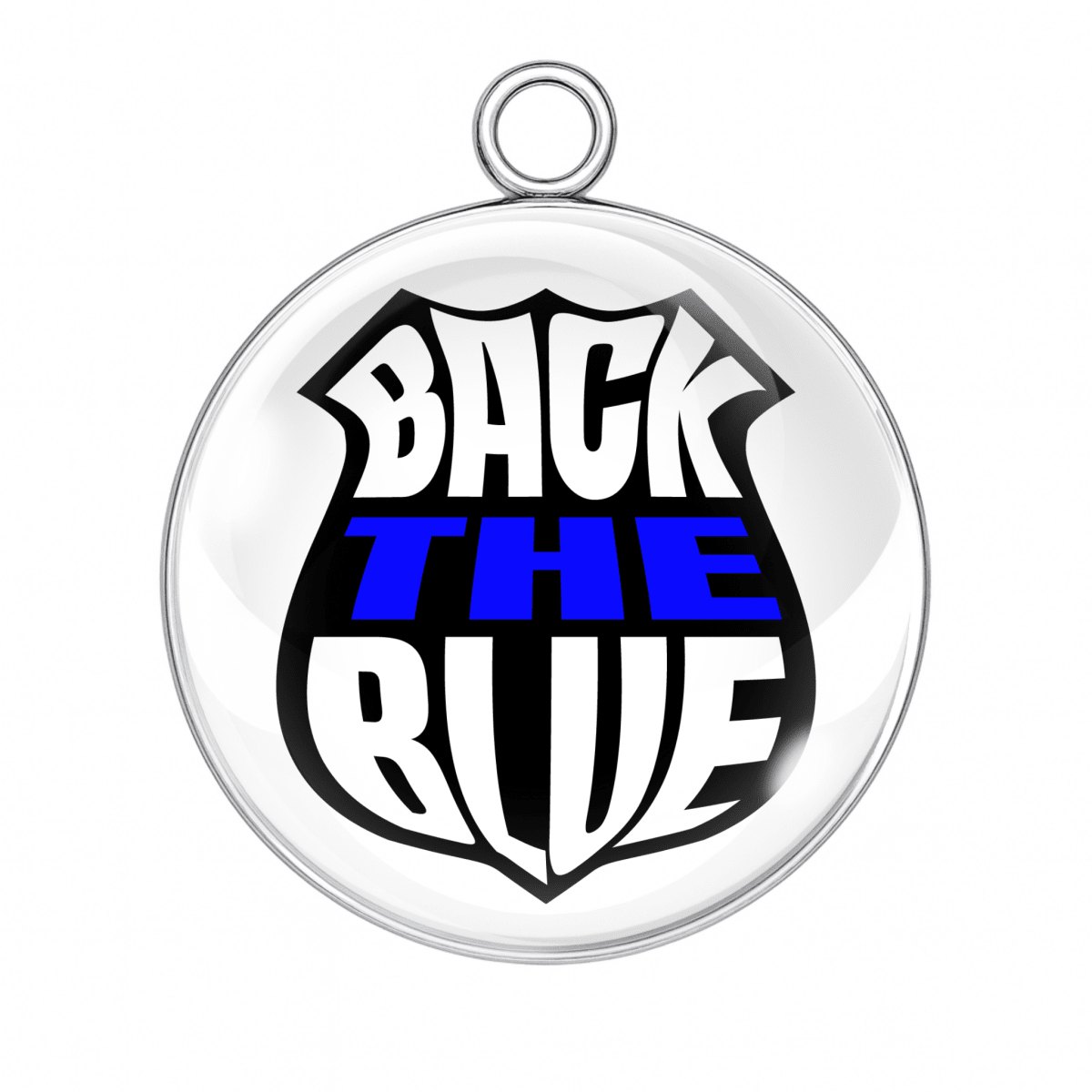 Round pendant with 'Back the Blue' text on a white background