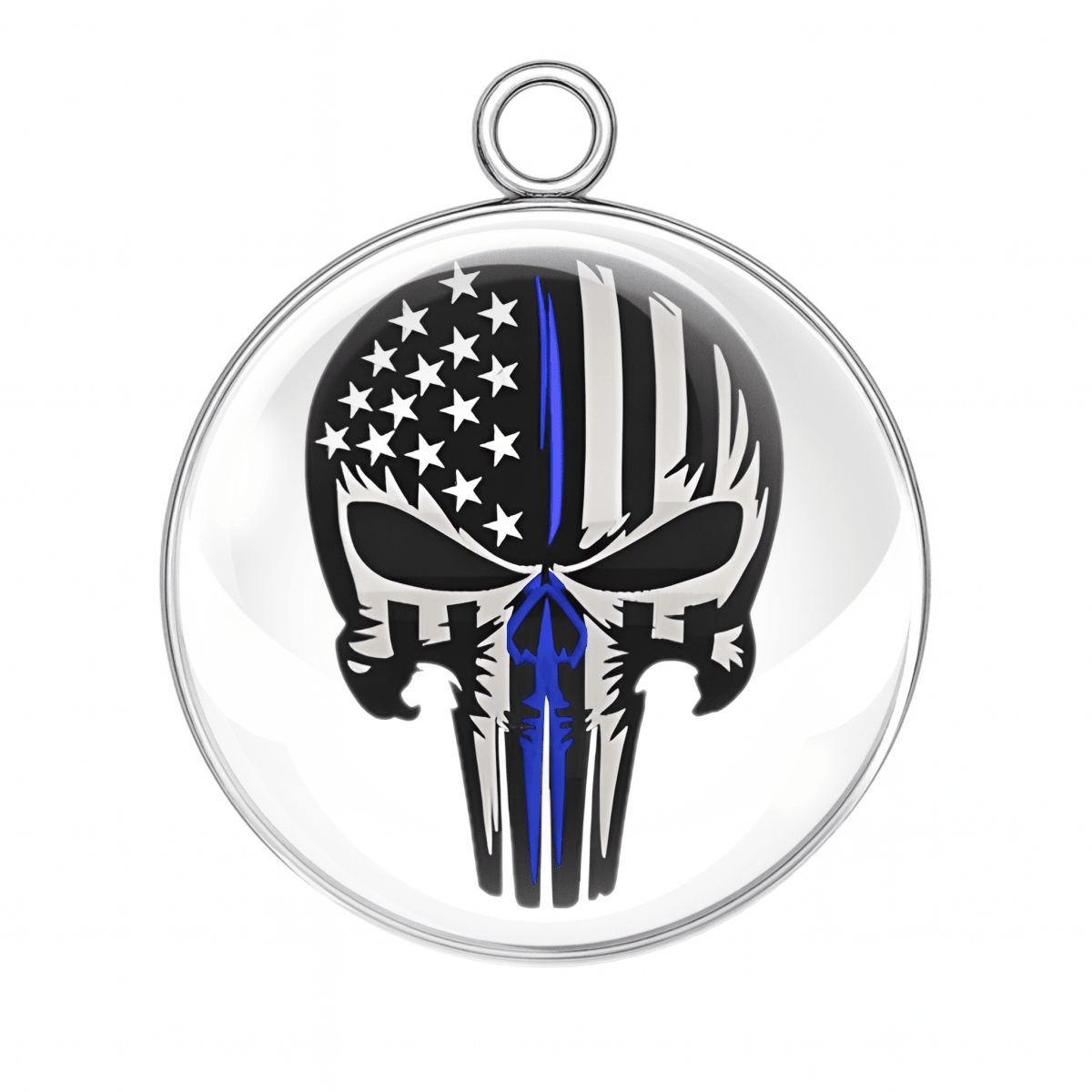 Circular pendant with Punisher skull design featuring American flag and blue stripe on white background