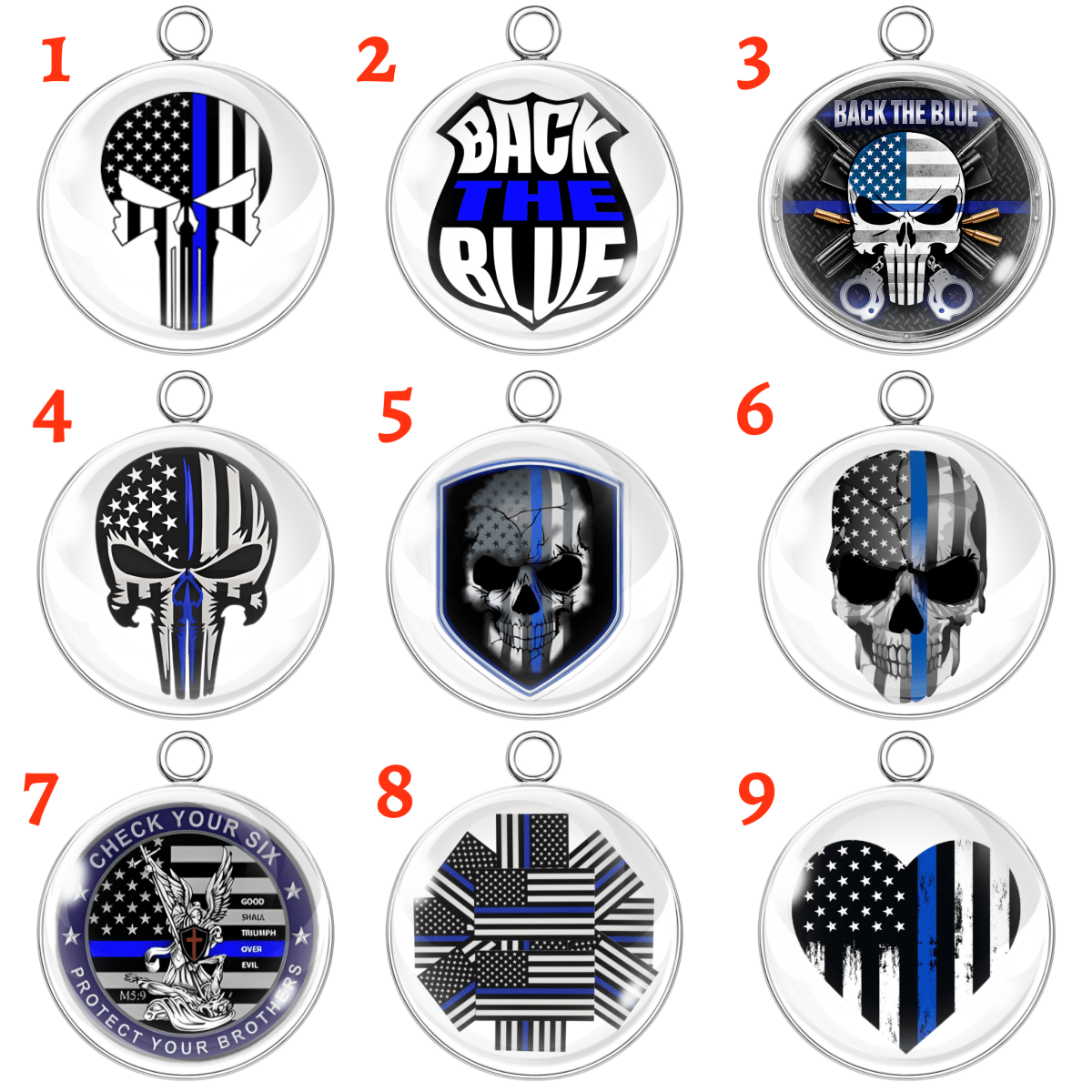 Collection of 'Back the Blue' themed pendants with various designs on a white background.