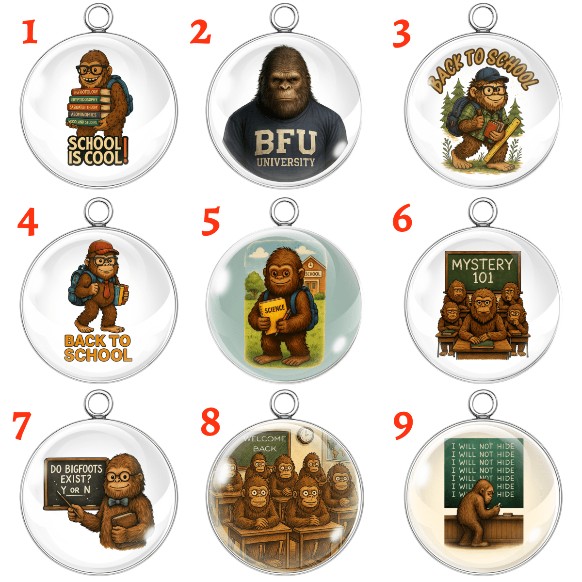 
A collection of 9 handmade Bigfoot-themed back-to-school glass cabochon charms featuring Sasquatch in humorous classroom scenes.