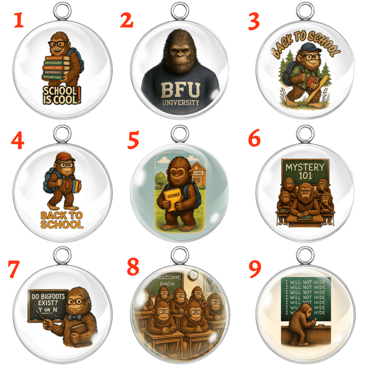 
A collection of 9 handmade Bigfoot-themed back-to-school glass cabochon charms featuring Sasquatch in humorous classroom scenes.