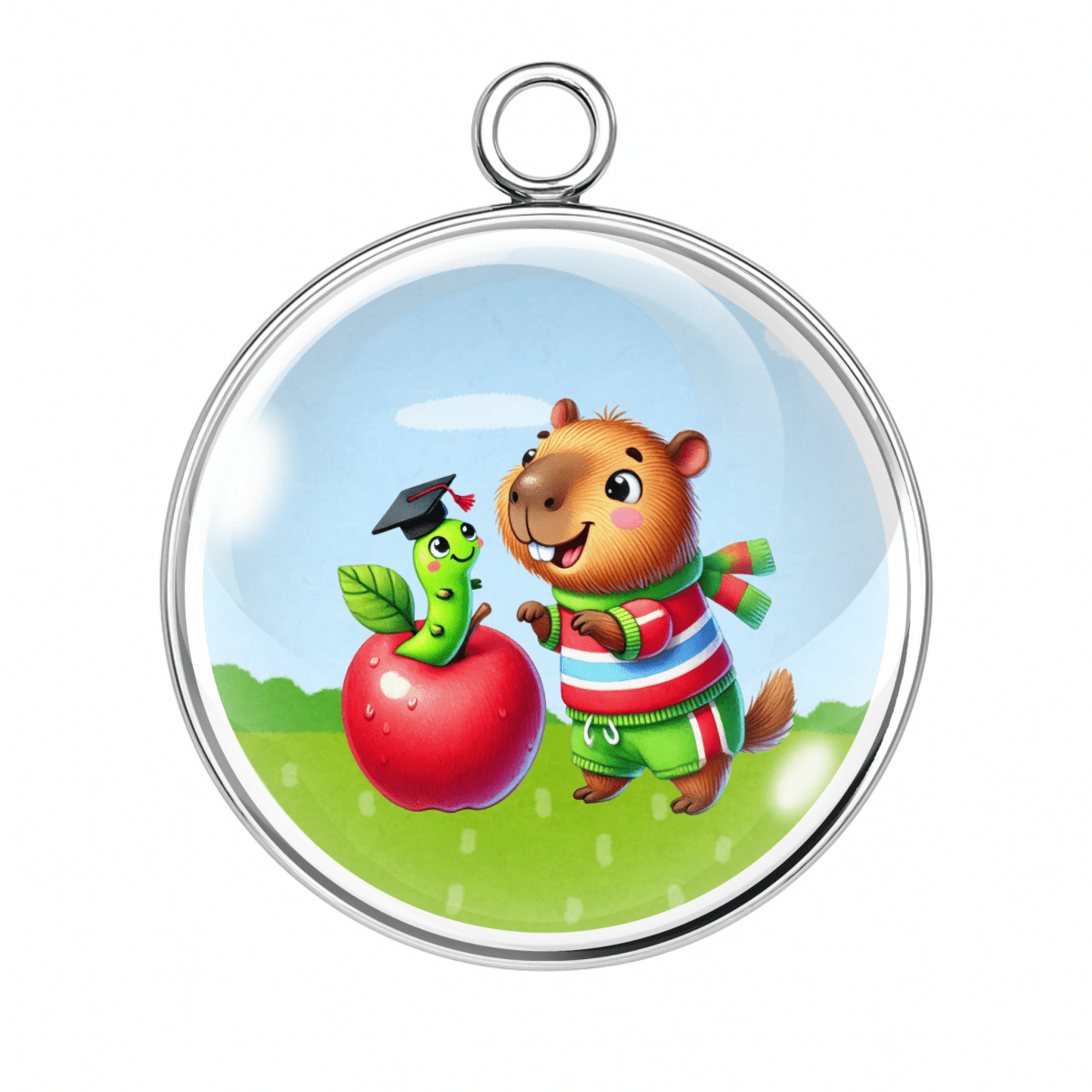 Capybara charm holding a red apple with a green worm for back-to-school theme.