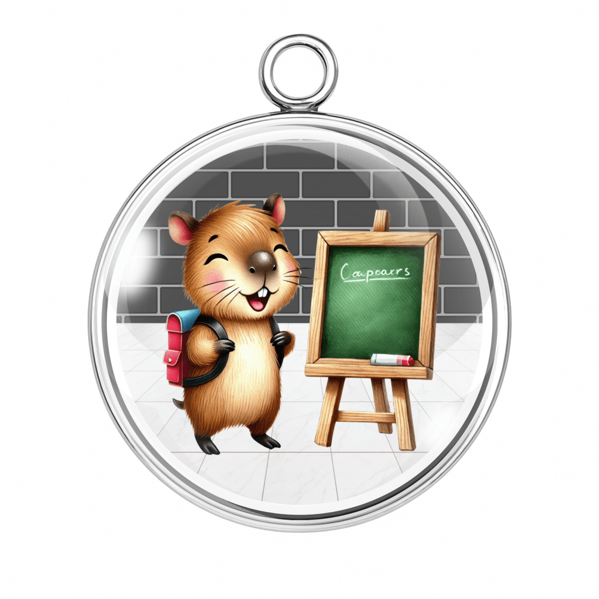 Capybara charm standing next to a chalkboard ready to learn.