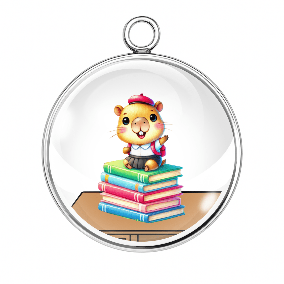Capybara charm sitting on a stack of colorful school books.