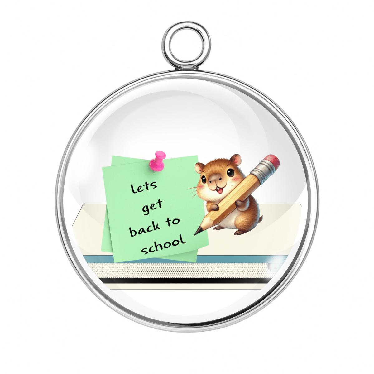 Capybara charm holding a pencil with a sign that says “Let’s get back to school.”