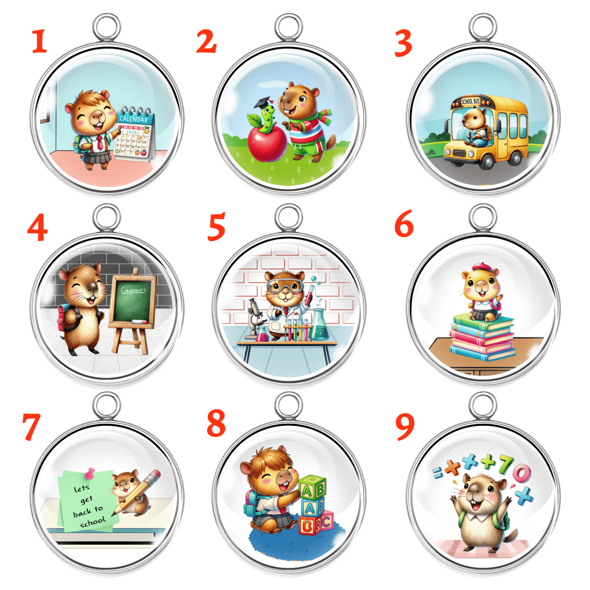 Set of 9 school-themed capybara charms including bus, books, chalkboard, science, math, apple, and more.