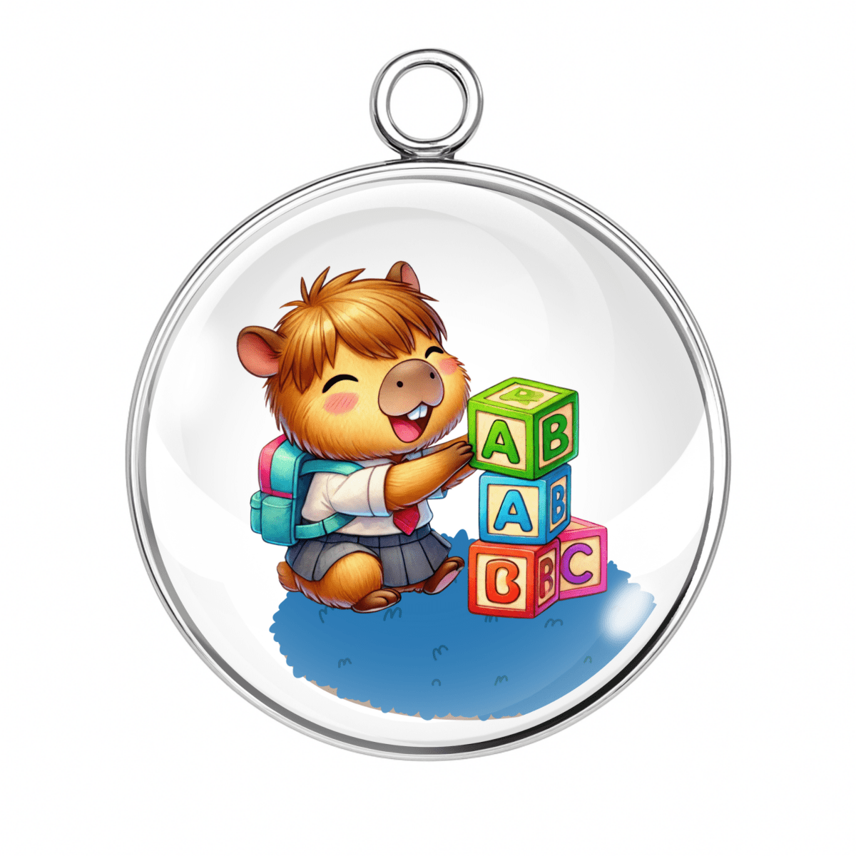 Capybara charm stacking colorful ABC alphabet blocks.