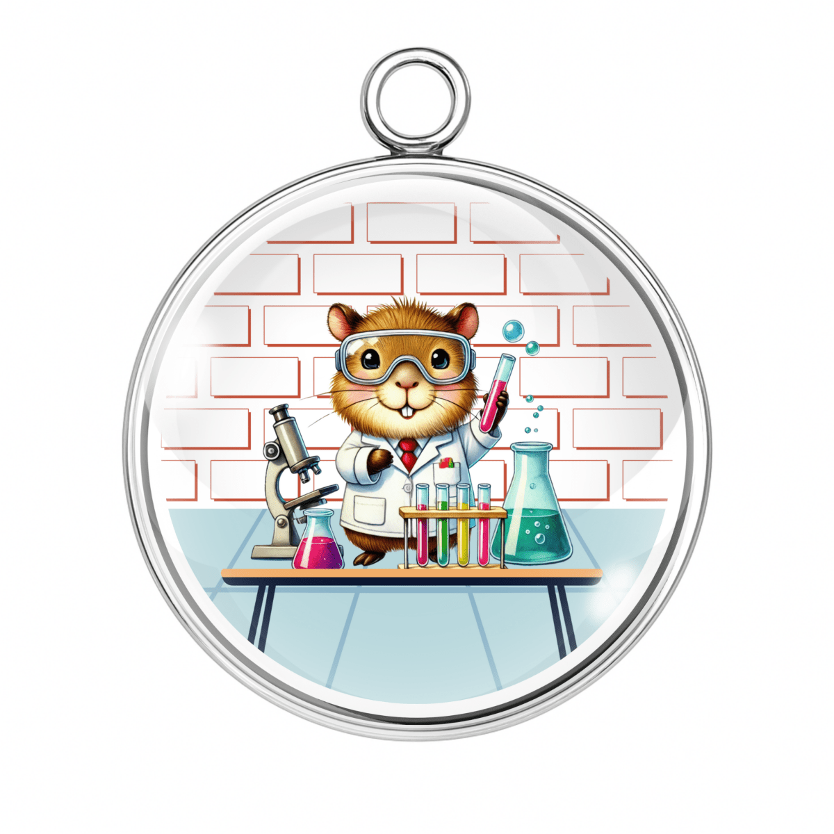 Capybara charm in lab coat with colorful test tubes and beakers.