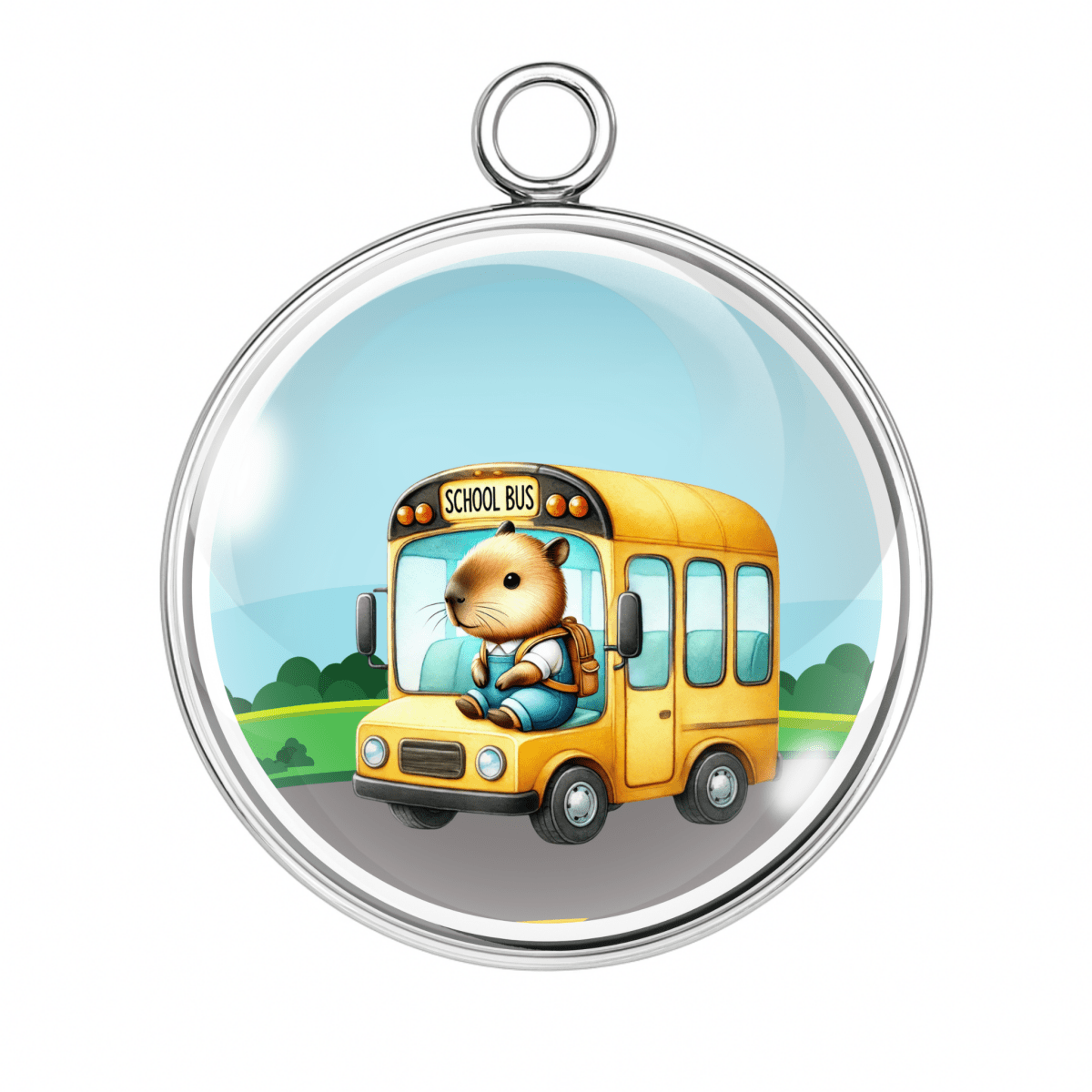 Capybara charm riding a bright yellow school bus.