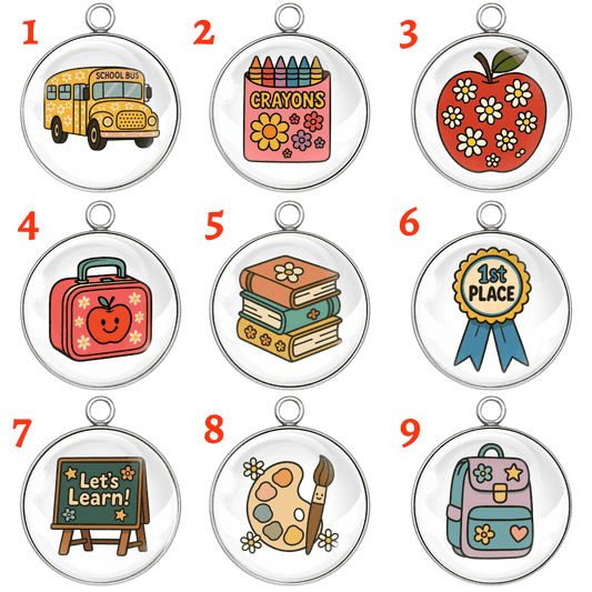 "Set of 9 back to school themed glass cabochon charms with stainless steel loops"