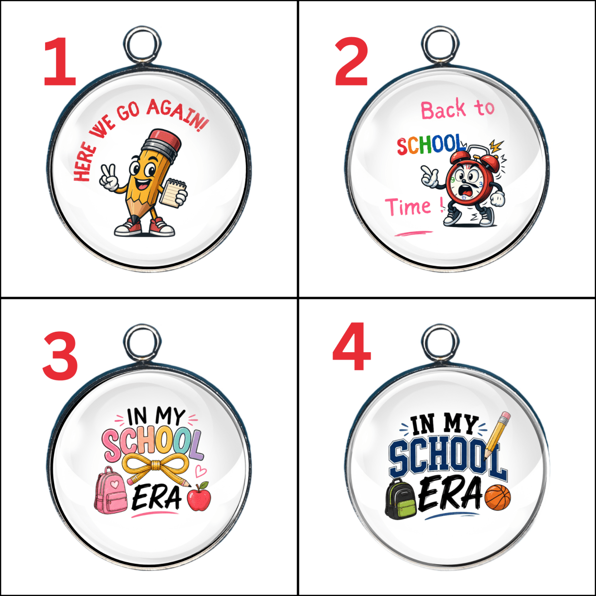 Back to School glass cabochon charm collection featuring Here We Go Again, Back to School Time, and In My School Era designs for DIY jewelry making.