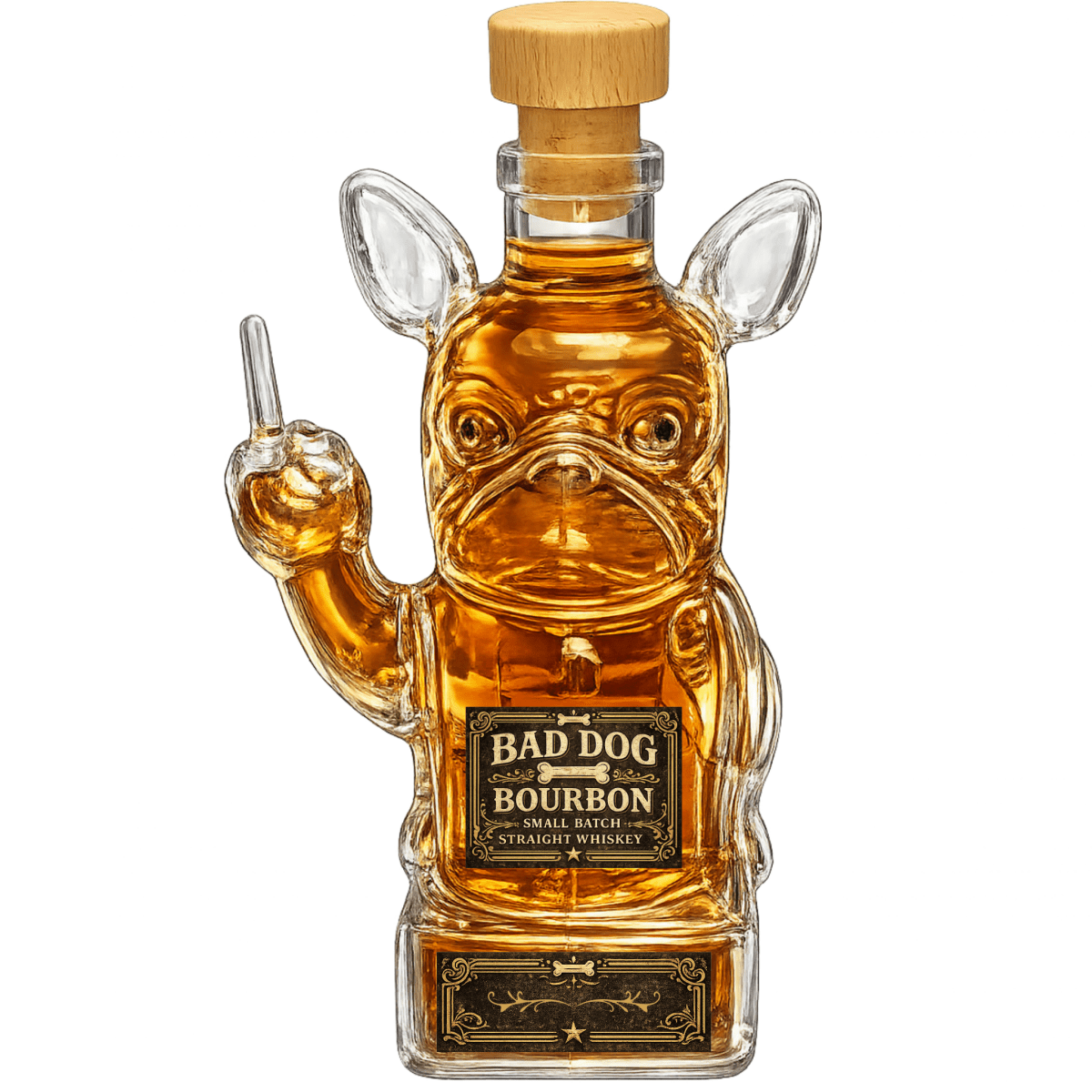 Bourbon whiskey bottle shaped like a dog with a label on a white background