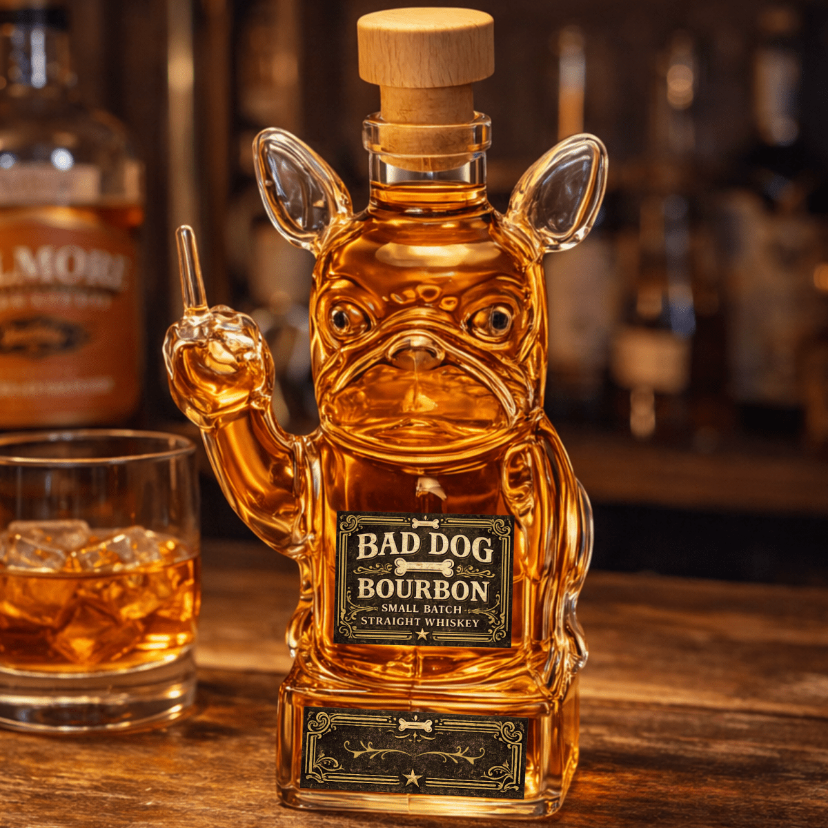 Bottle of Bad Dog Bourbon shaped like a dog with a glass of whiskey on a wooden surface.