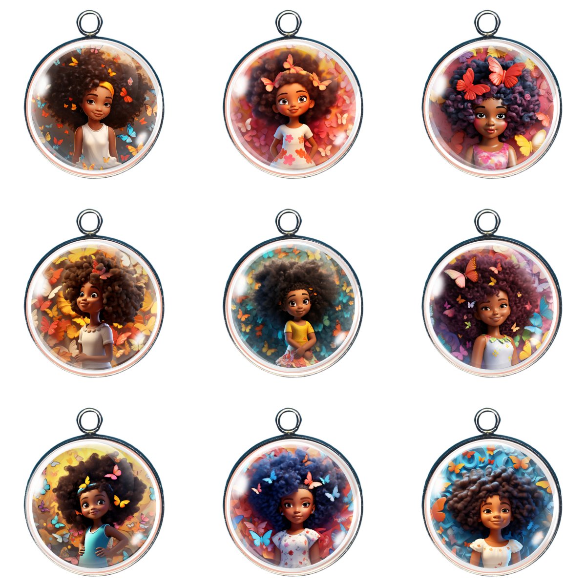 Group of 9 Charms with young black girls with butterflies