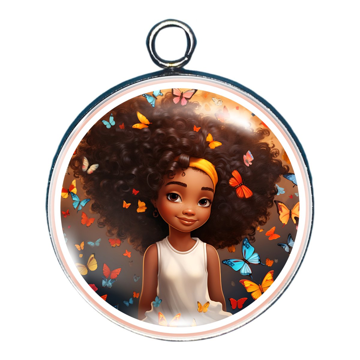 charm depicting a young black lady with big hair, surrounded by butterflies