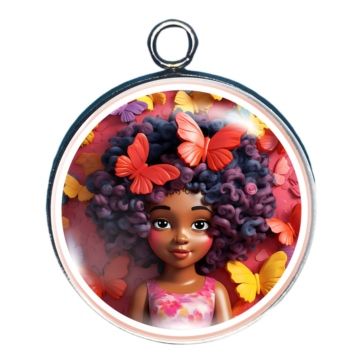 charm depicting a young girl witrh big hair surrounded by butterlflies