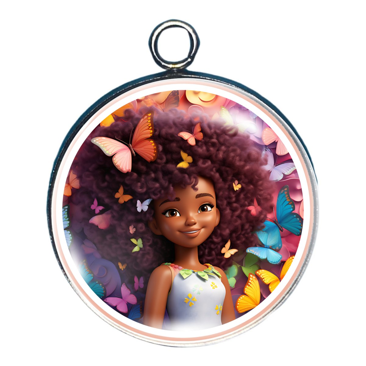 charm depicting a young girl witrh big hair surrounded by butterlflies