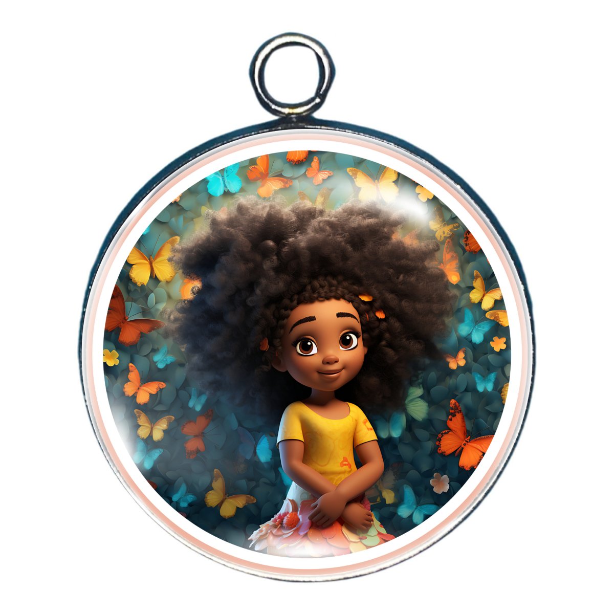 charm depicting a young girl witrh big hair surrounded by butterlflies