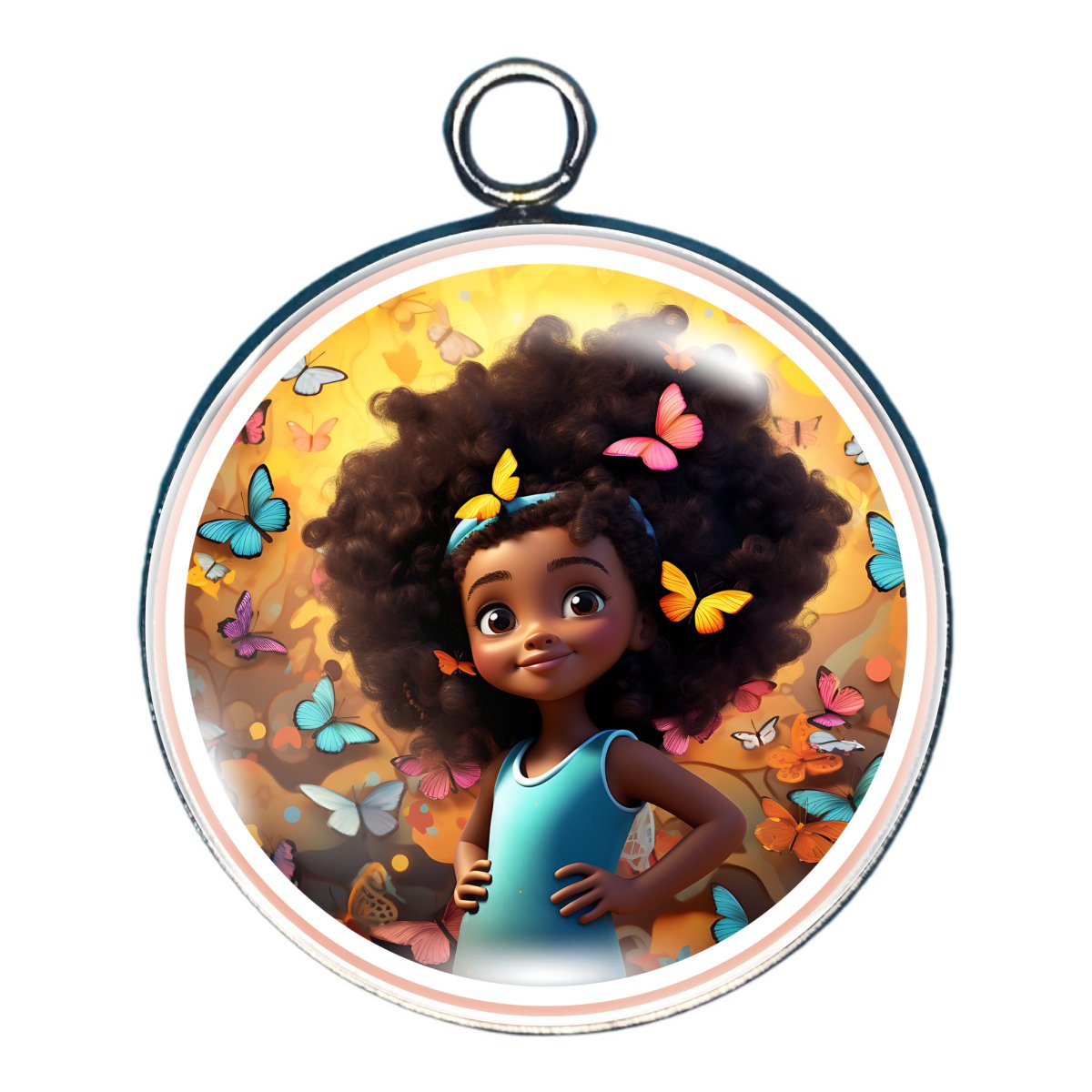 charm depicting a young girl witrh big hair surrounded by butterlflies