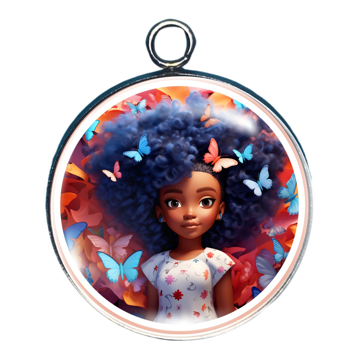 charm depicting a young girl witrh big hair surrounded by butterlflies