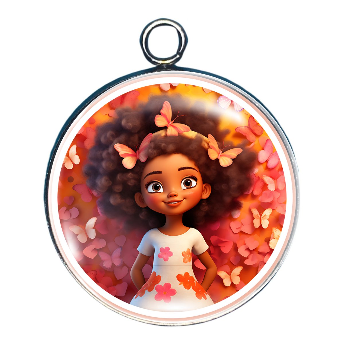 charm depicting a young girl witrh big hair surrounded by butterlflies