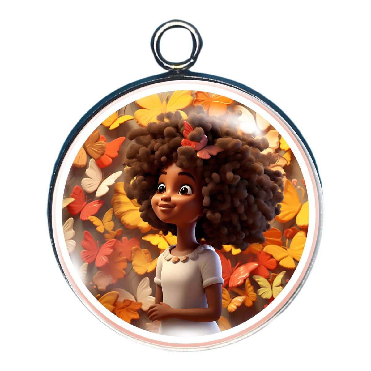 charm depicting a young girl witrh big hair surrounded by butterlflies