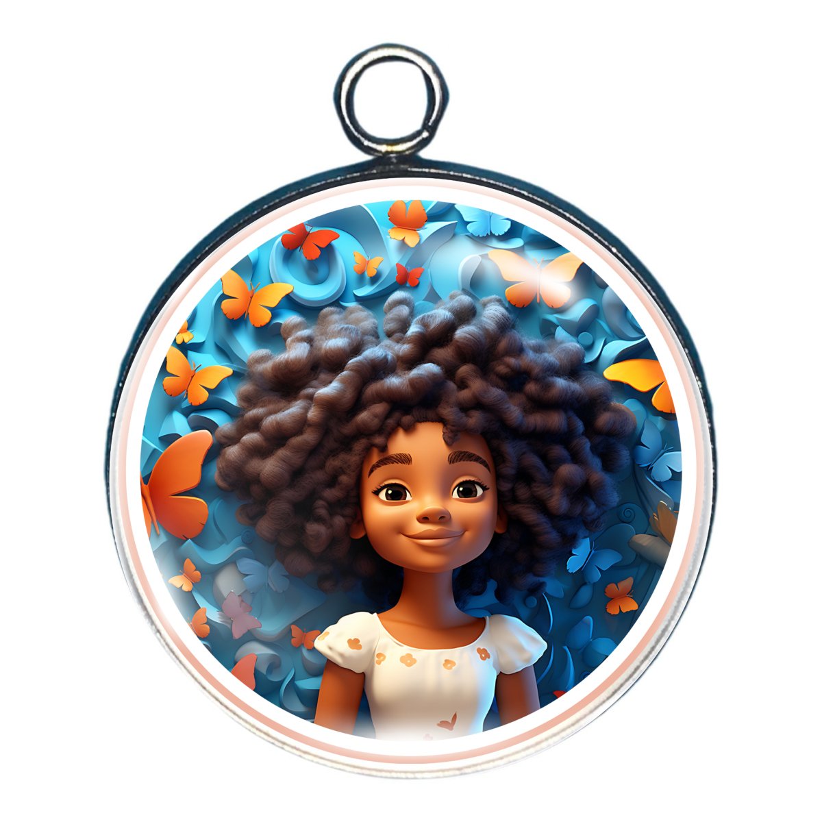 charm depicting a young girl witrh big hair surrounded by butterlflies