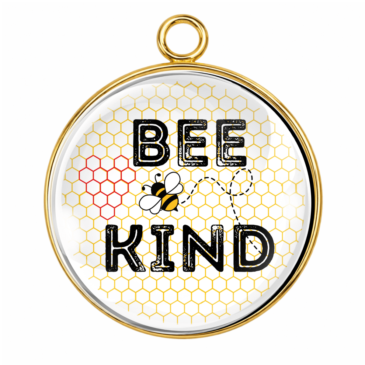 Handmade Bee Kind glass cabochon charm with bee, honeycomb background, and hidden honeycomb heart in gold-tone bezel.
