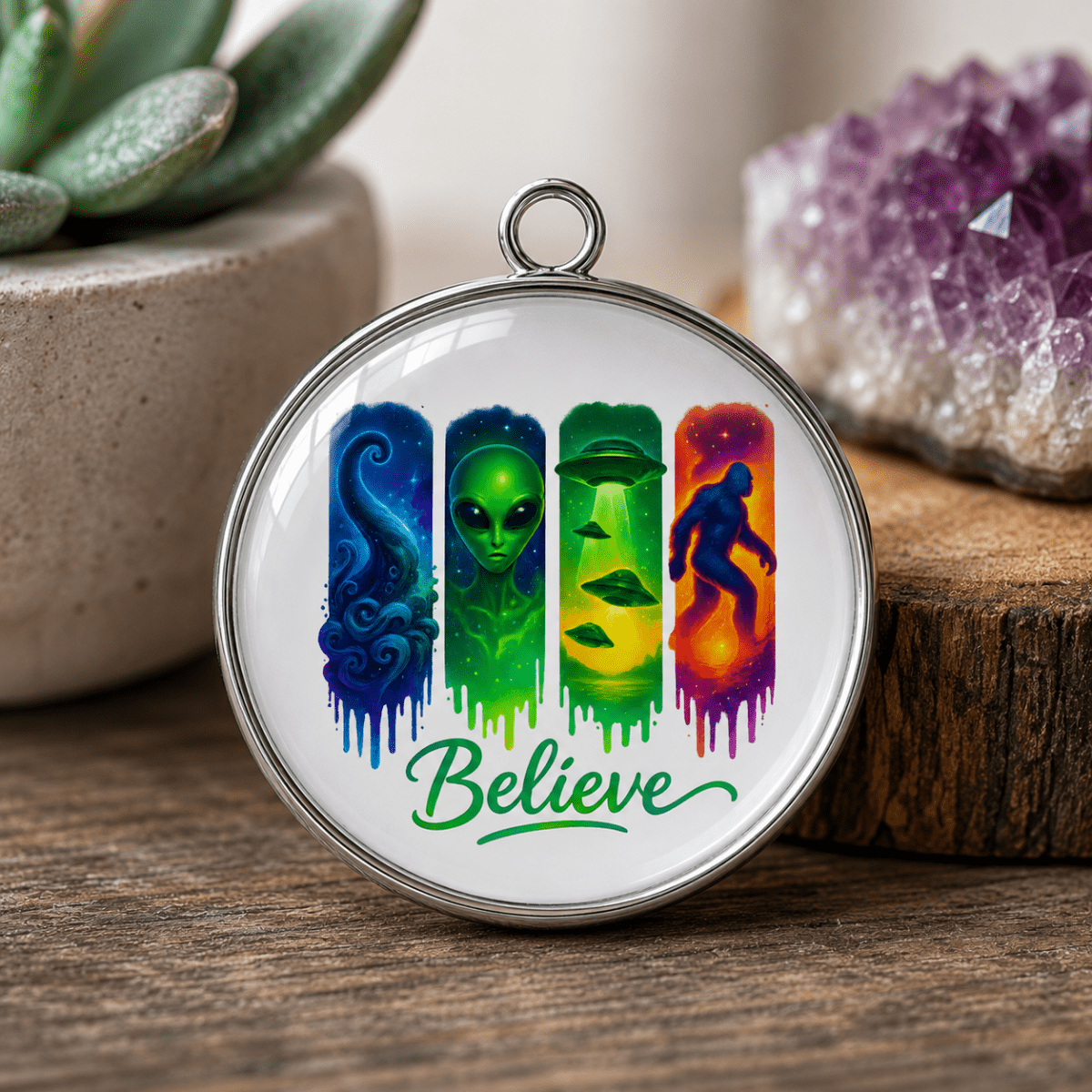Round pendant with alien and Bigfoot designs and 'Believe' text on a wooden surface with plants and crystals.