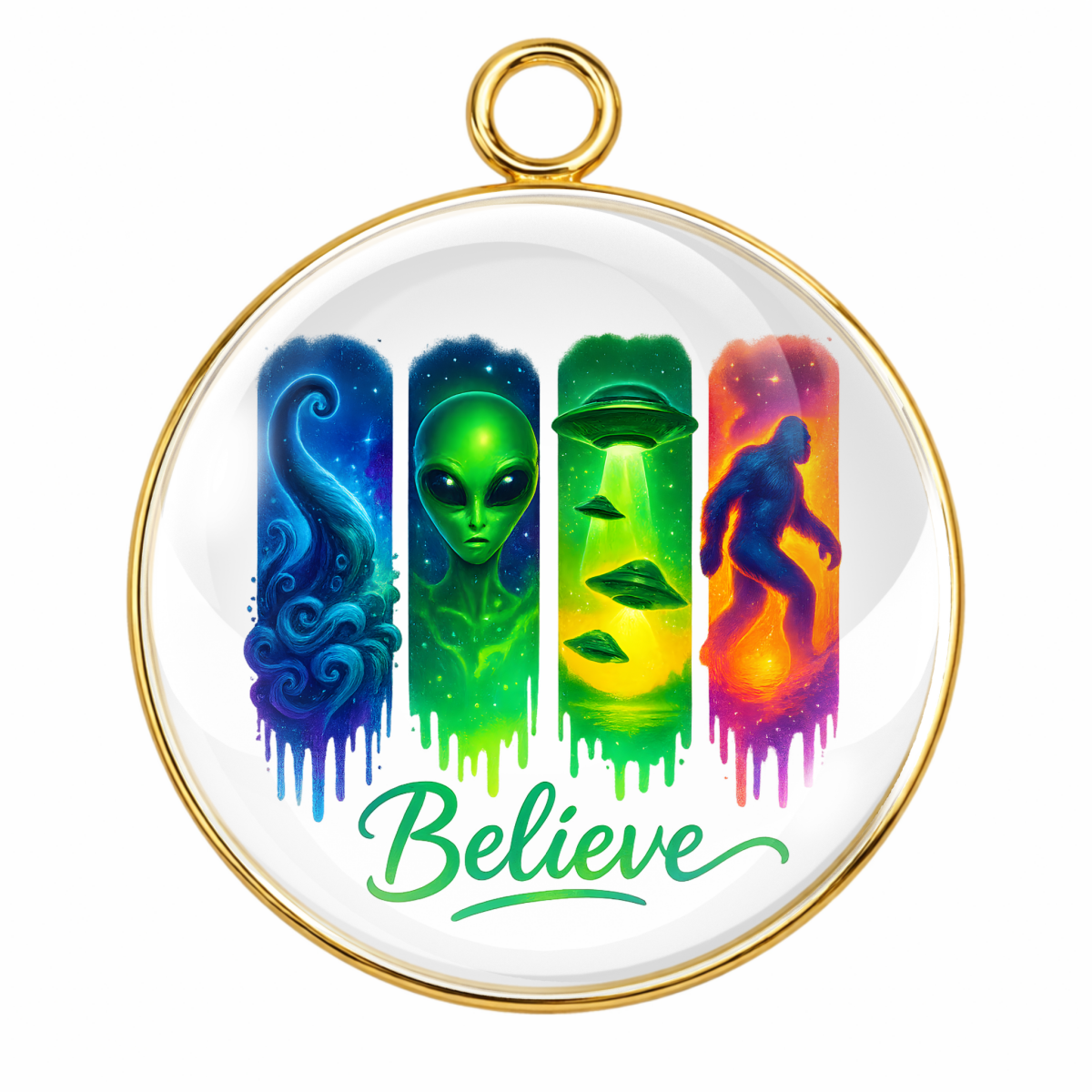 Pendant with alien-themed design and 'Believe' text on a white background