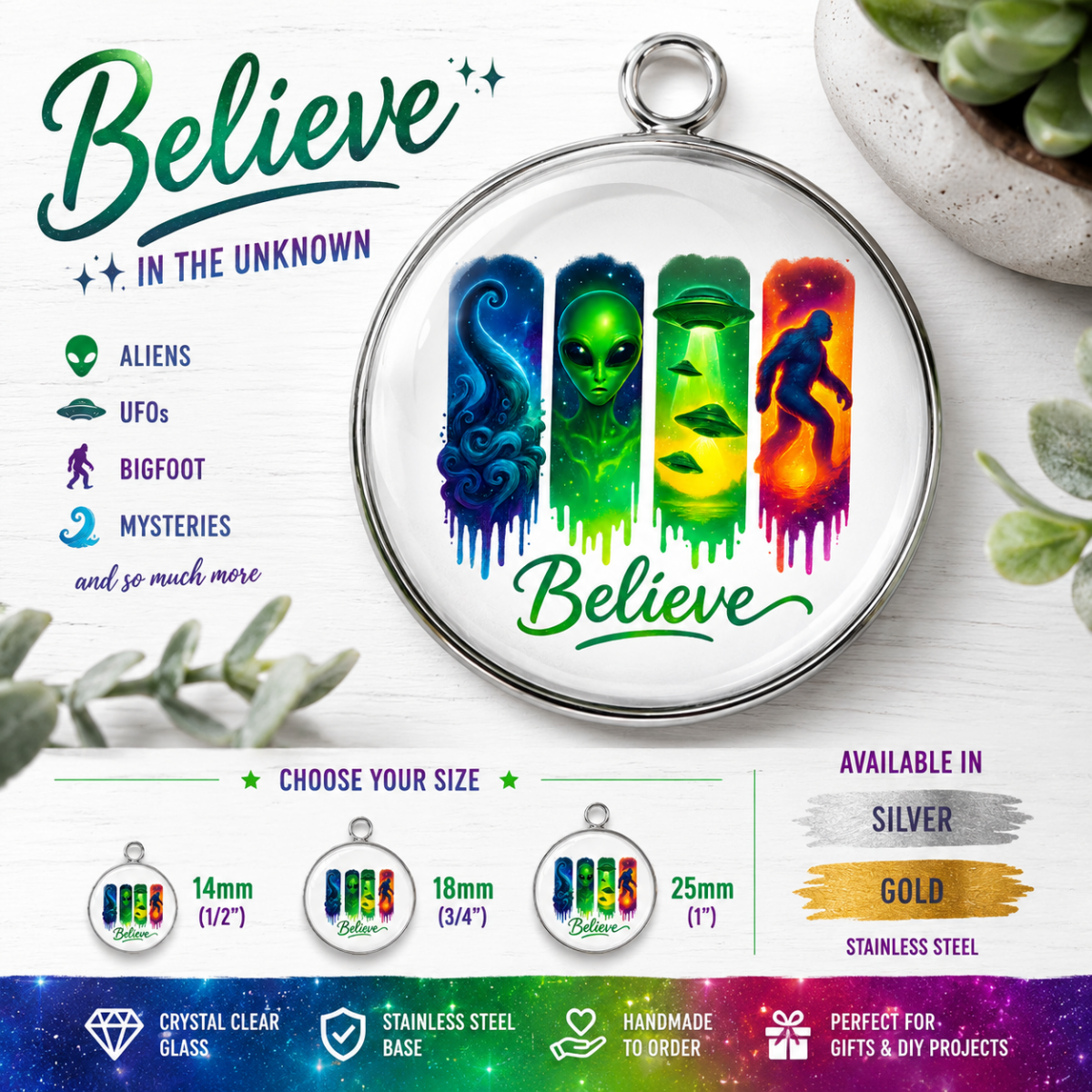 Pendant with alien and UFO design, featuring the text 'Believe in the Unknown' on a white background.