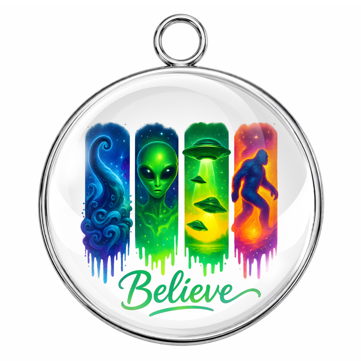 Circular pendant with alien and Bigfoot designs and the word 'Believe' on a white background