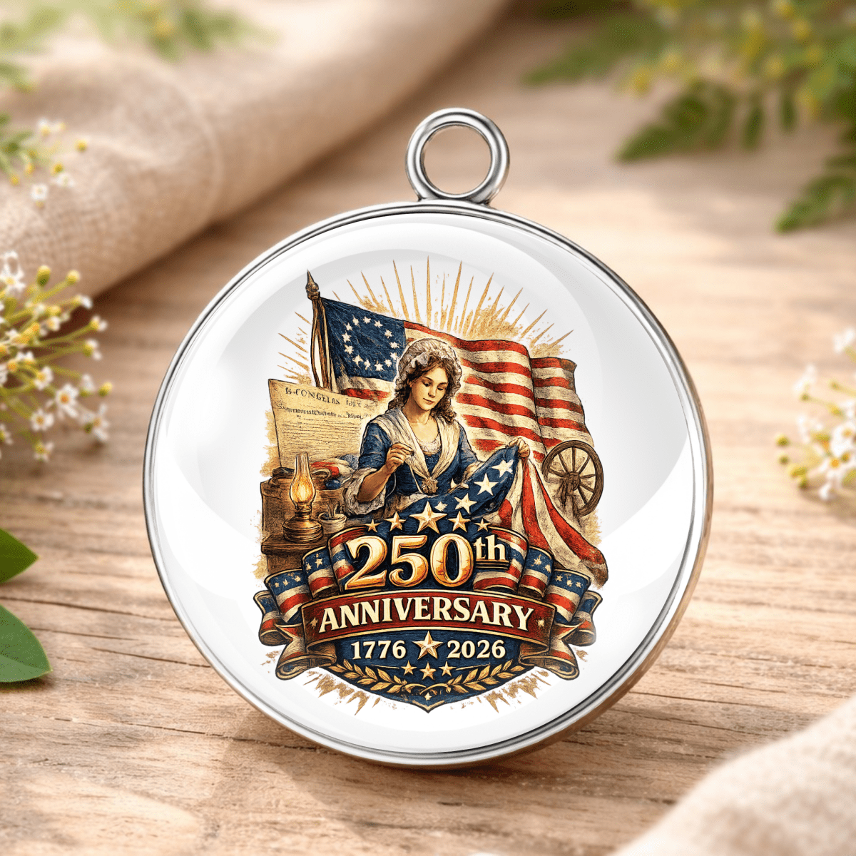 Round commemorative pendant with American flag design on a wooden surface with flowers.