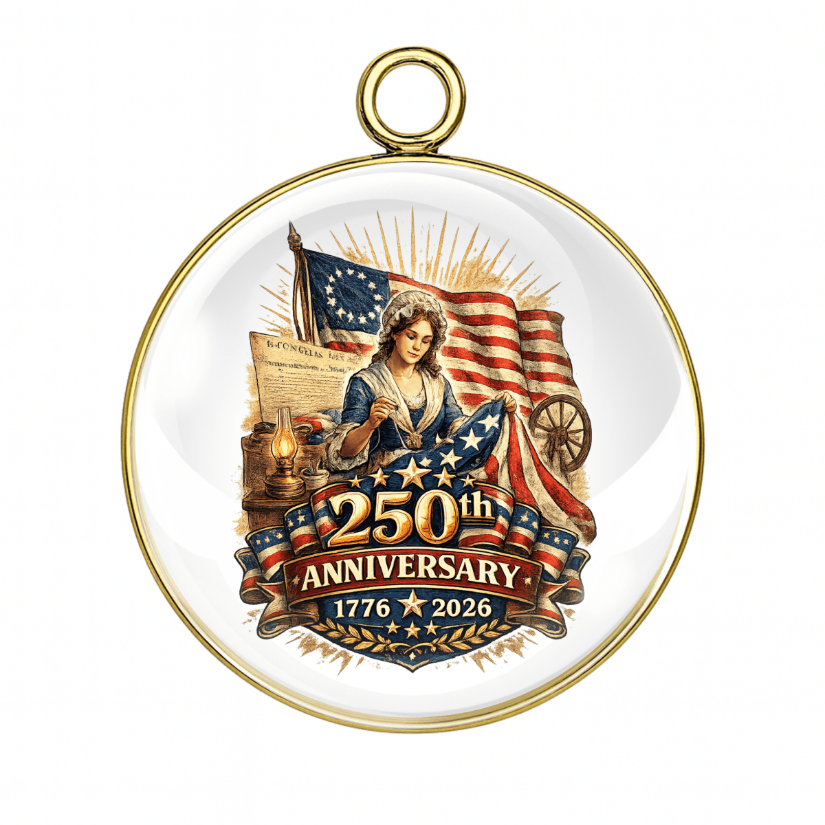 Pendant with American flag design celebrating 250th anniversary on a white background