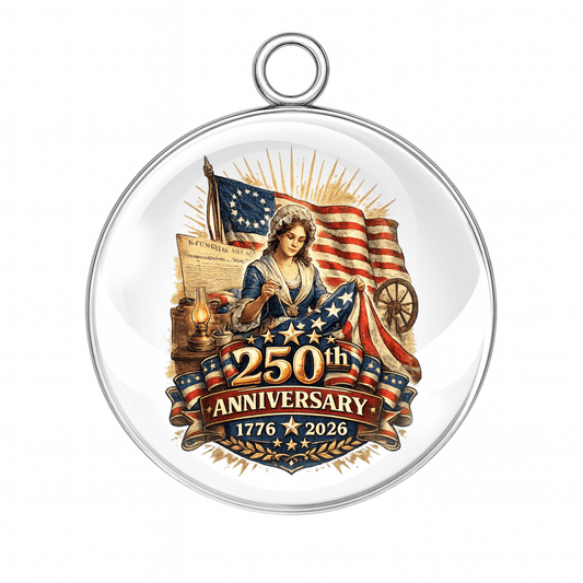 Circular ornament with American flag, woman holding flag, and text celebrating 250th anniversary of 1776.