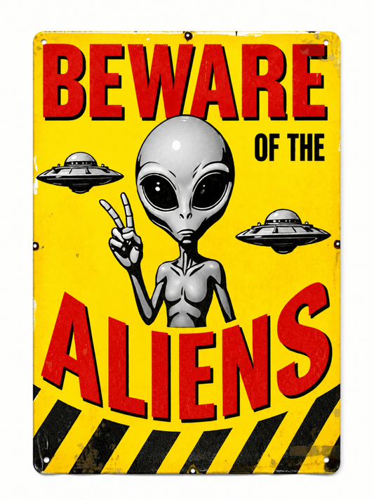 Beware of the Aliens Metal Sign – 12" x 8"