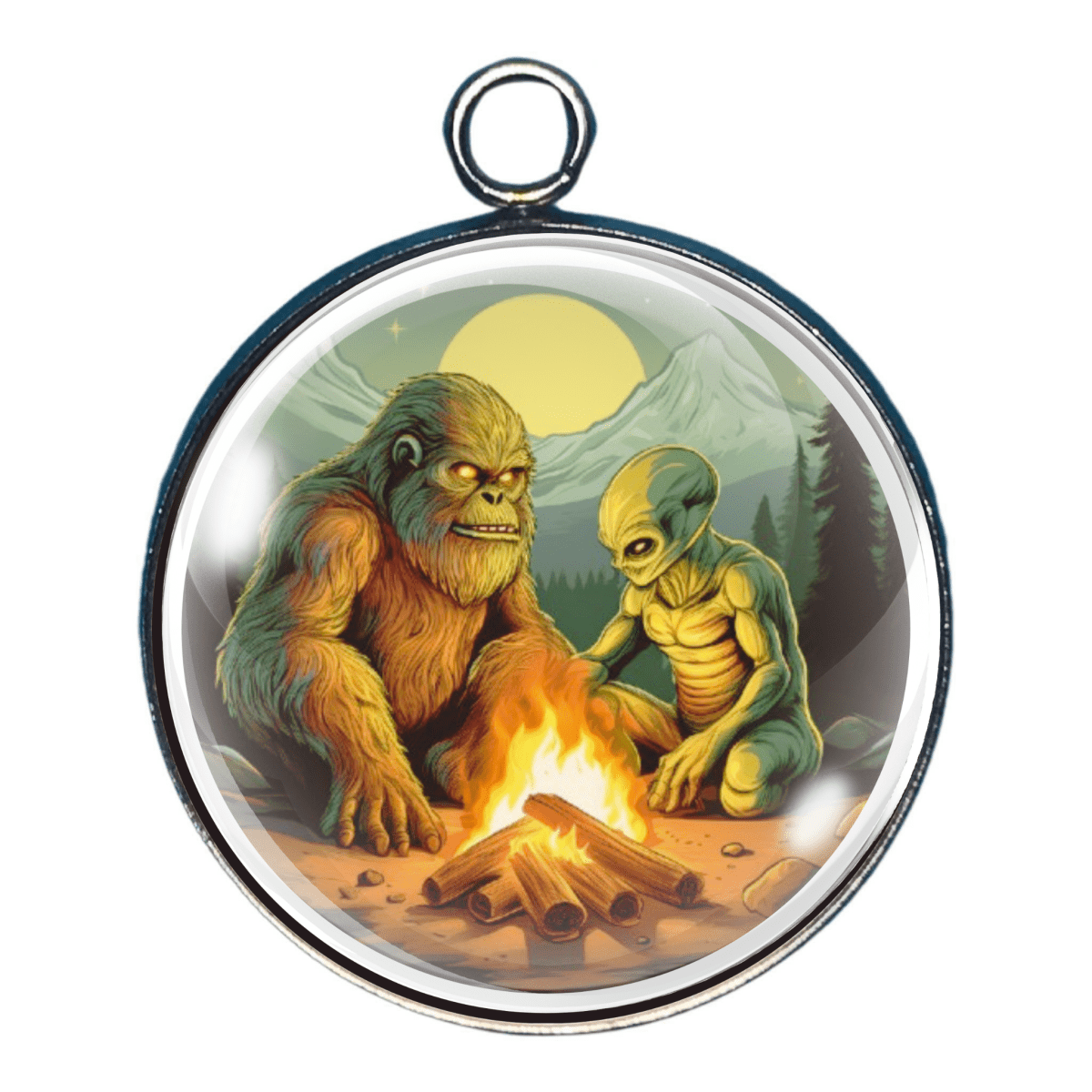 Charm featuring Bigfoot sharing a campfire with an Alien