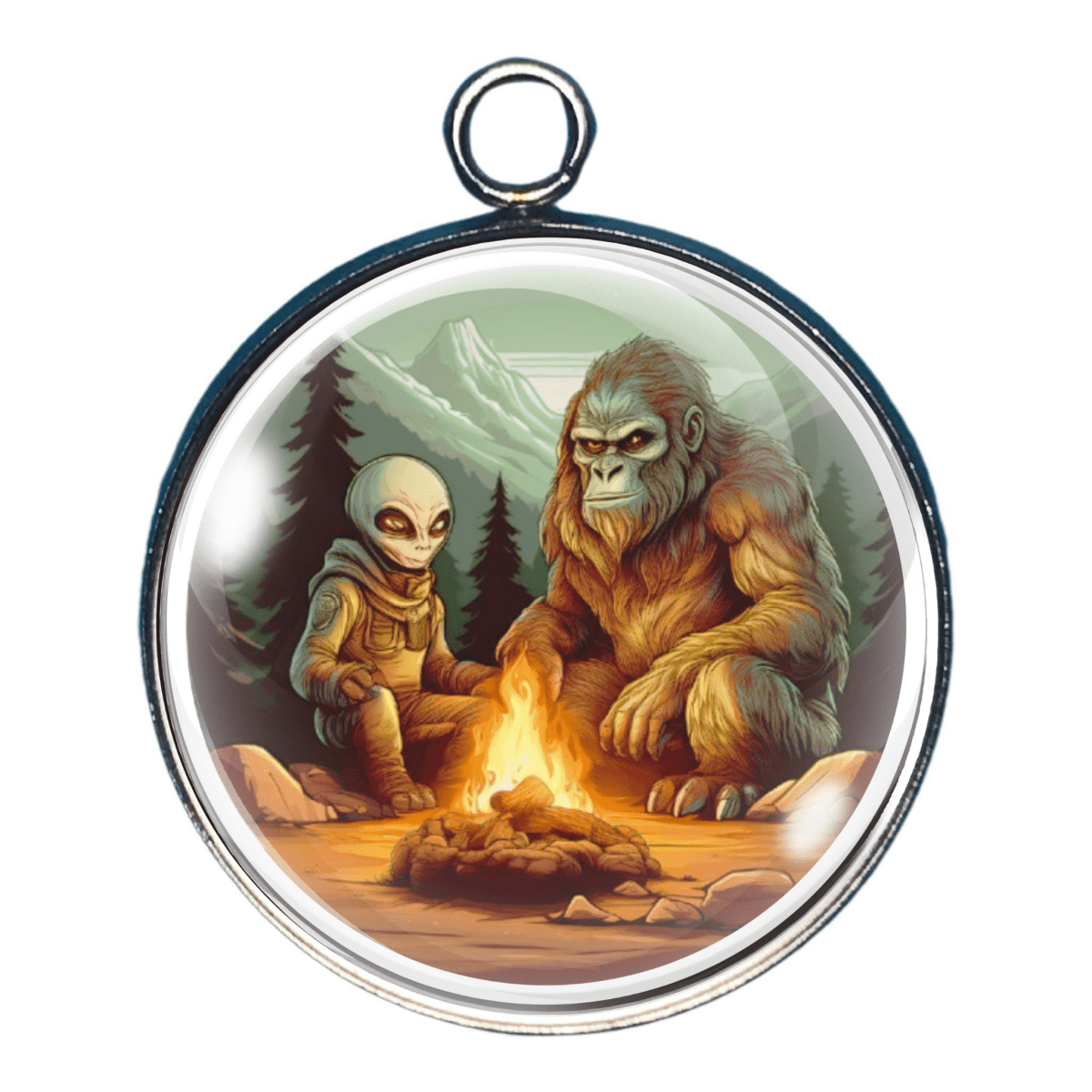 Charm featuring Bigfoot sharing a campfire with an Alien