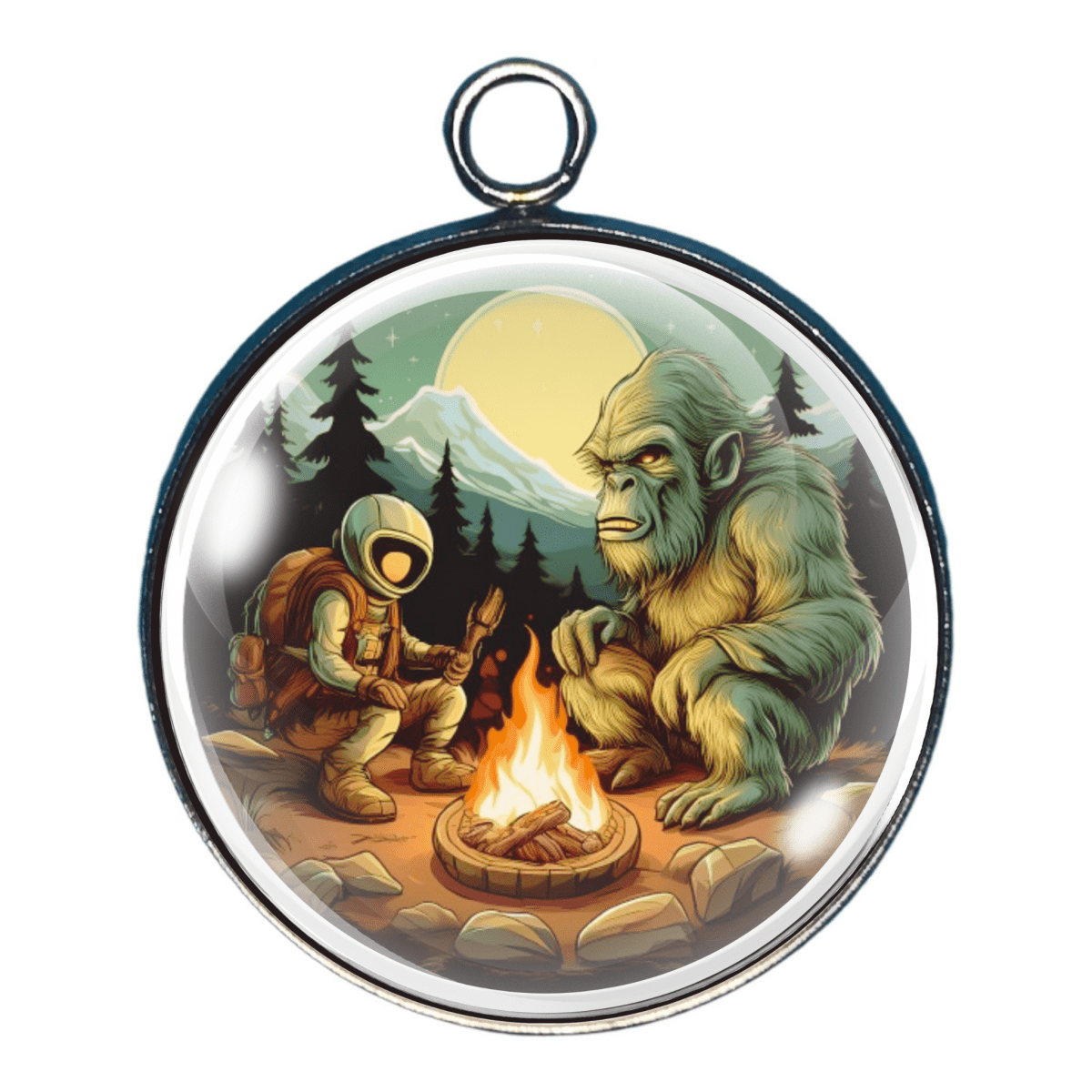 Charm featuring Bigfoot sharing a campfire with an Alien