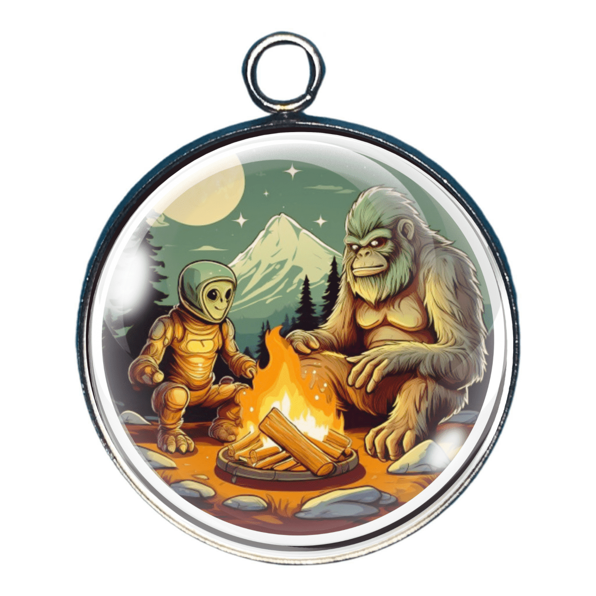 Charm featuring Bigfoot sharing a campfire with an Alien