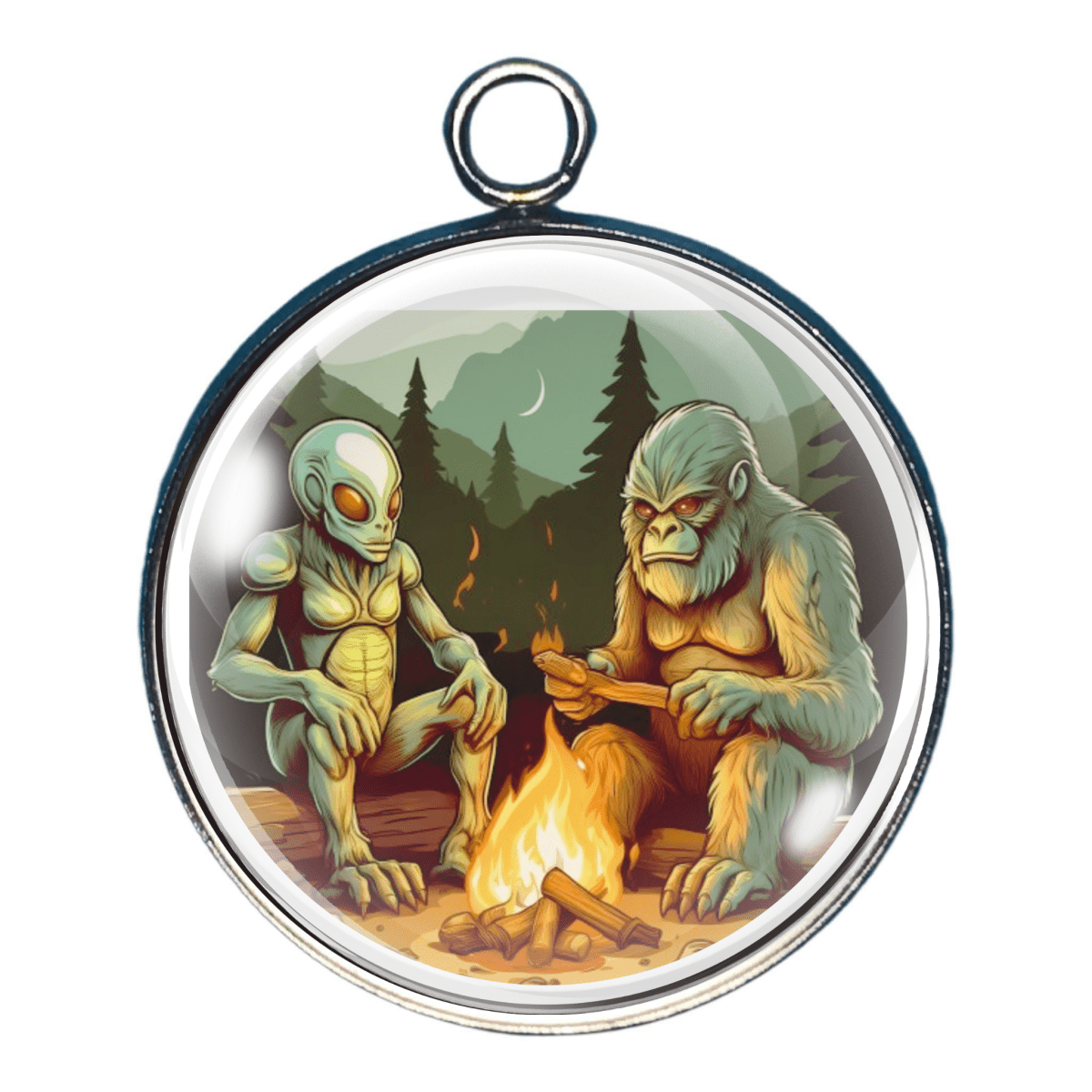 Charm featuring Bigfoot sharing a campfire with an Alien